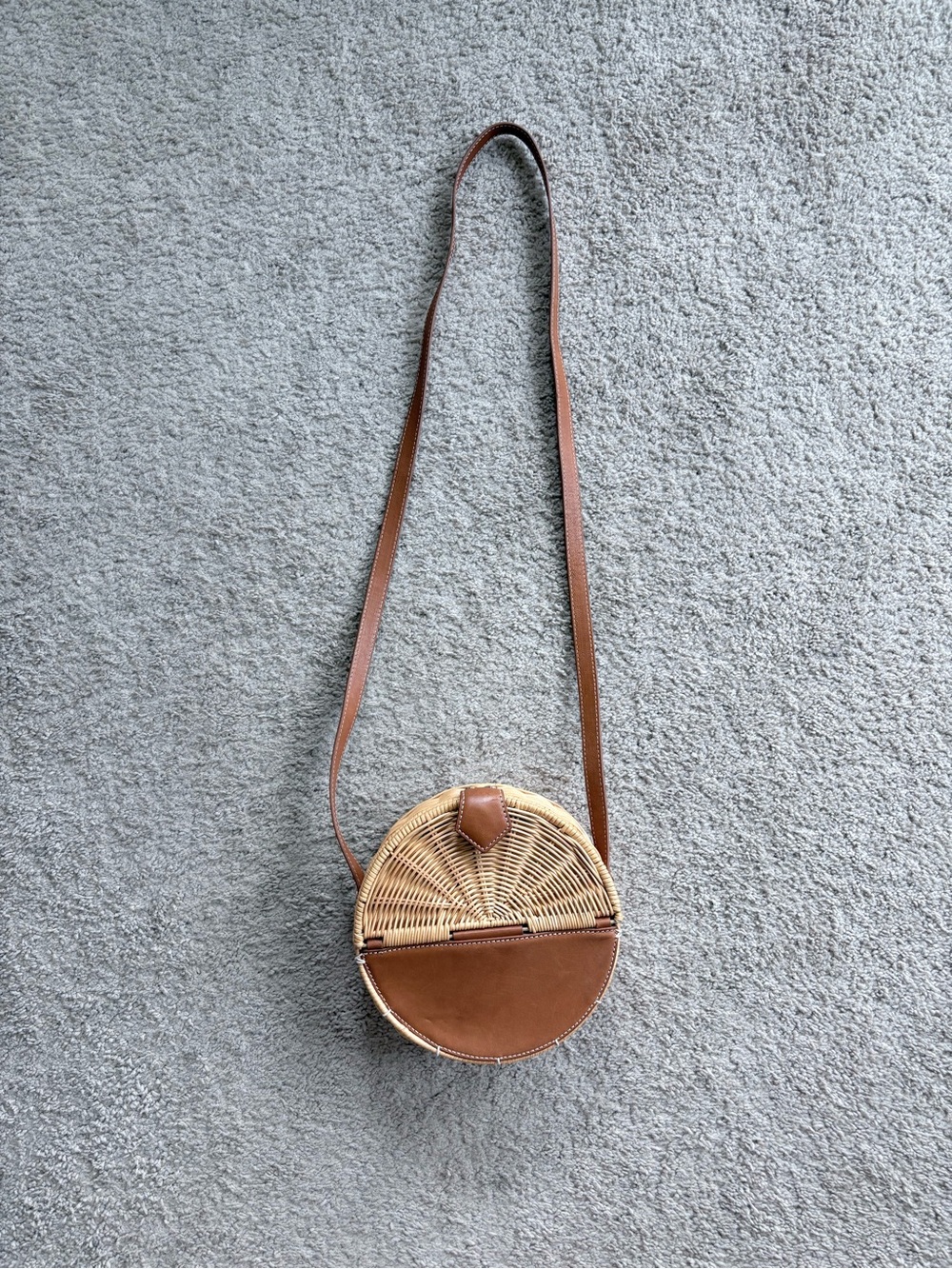 J. McLaughlin Tan Leather & Natural Woven Round Crossbody
